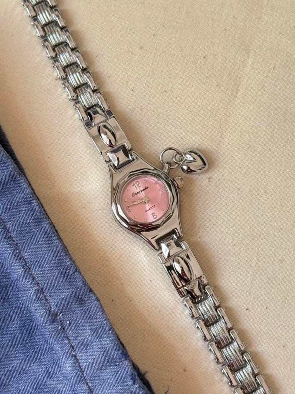 Silver-Tone Bracelet Watch with Pink Dial and Heart Charm